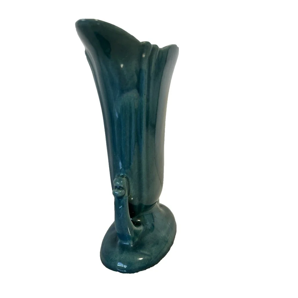 50s Miltonvale Pottery Kansas Turquoise Blue Scalloped Planter Vase Shinny 7 EUC